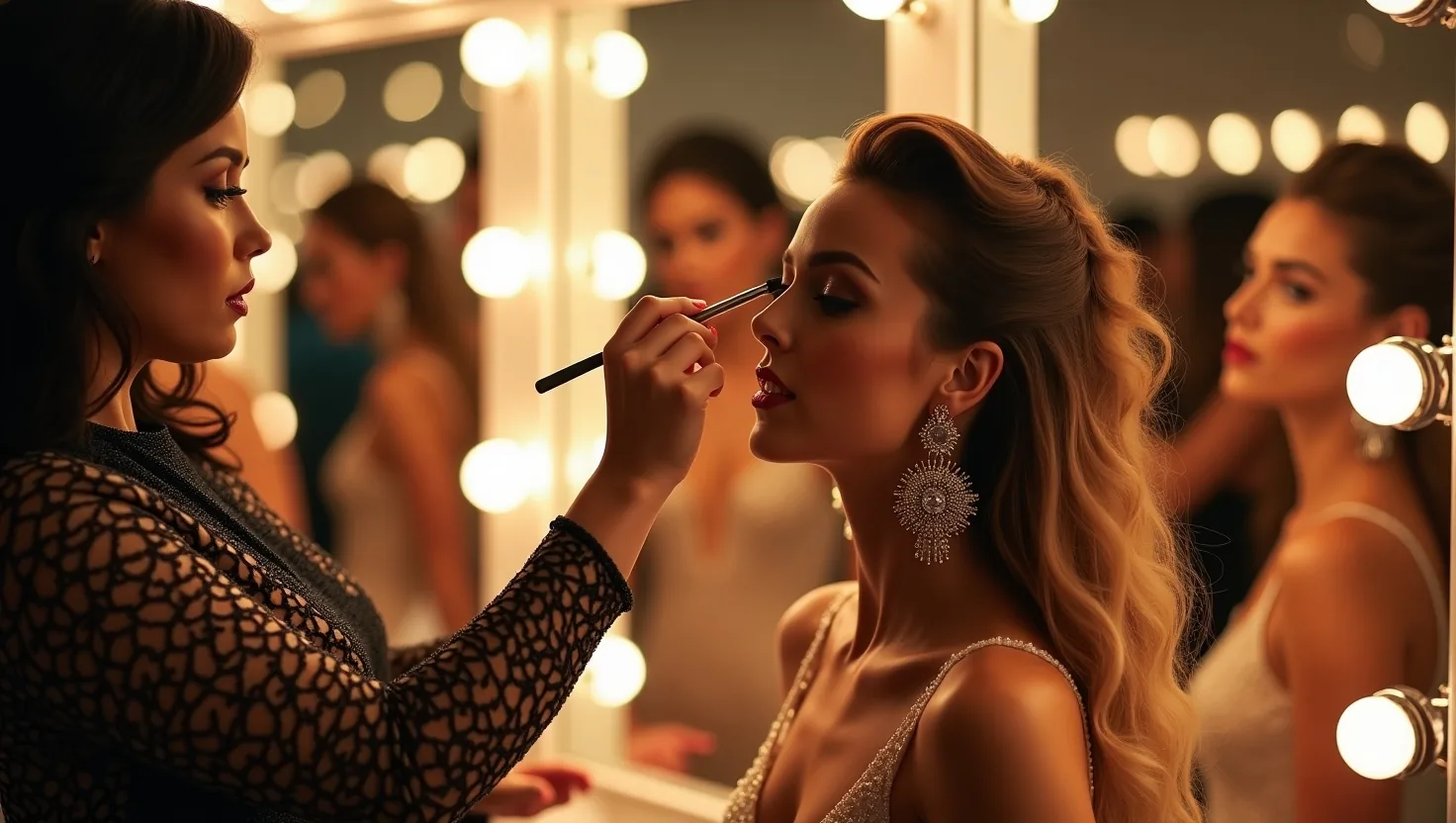 Maquilladora preparando a una modelo frente a un espejo con luces, entre bastidores